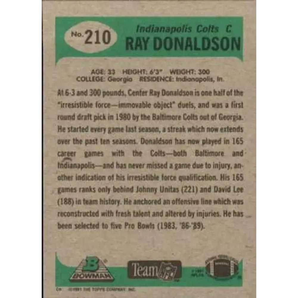 1991 Bowman #210 Ray Donaldson NM-MT Indianapolis Colts Football Card - Football Card Single
