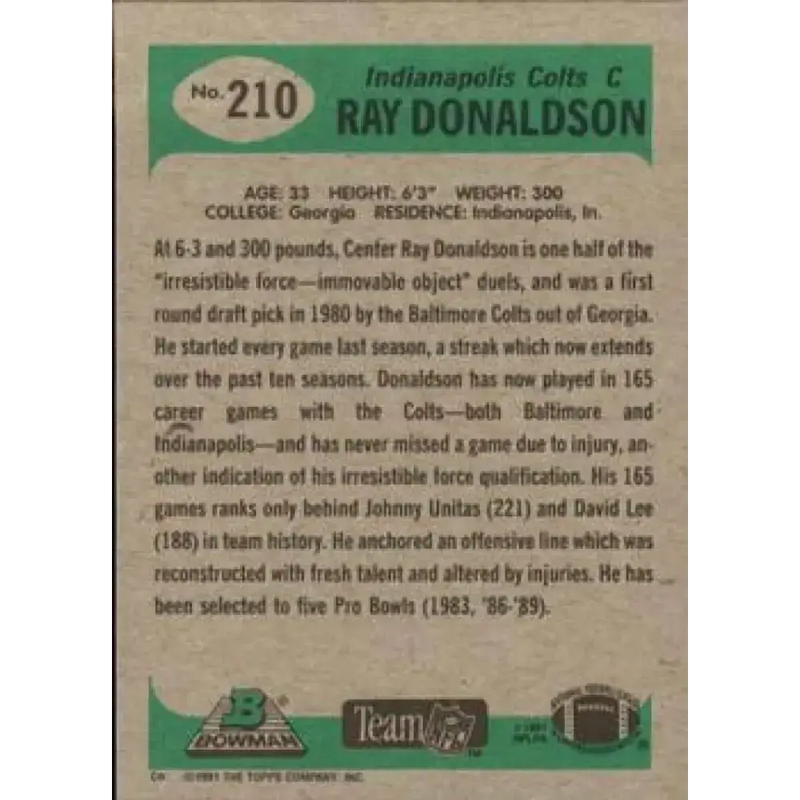 1991 Bowman #210 Ray Donaldson NM-MT Indianapolis Colts Football Card - Football Card Single