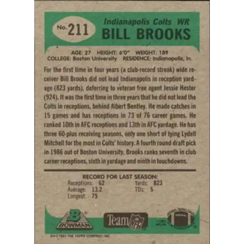 1991 Bowman #211 Bill Brooks NM-MT Indianapolis Colts Football Card - Football Card Single