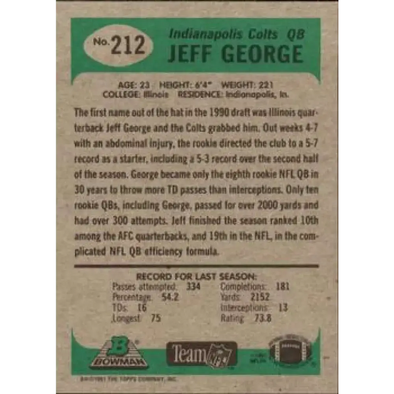 1991 Bowman #212 Jeff George NM-MT Indianapolis Colts Football Card - Football Card Single