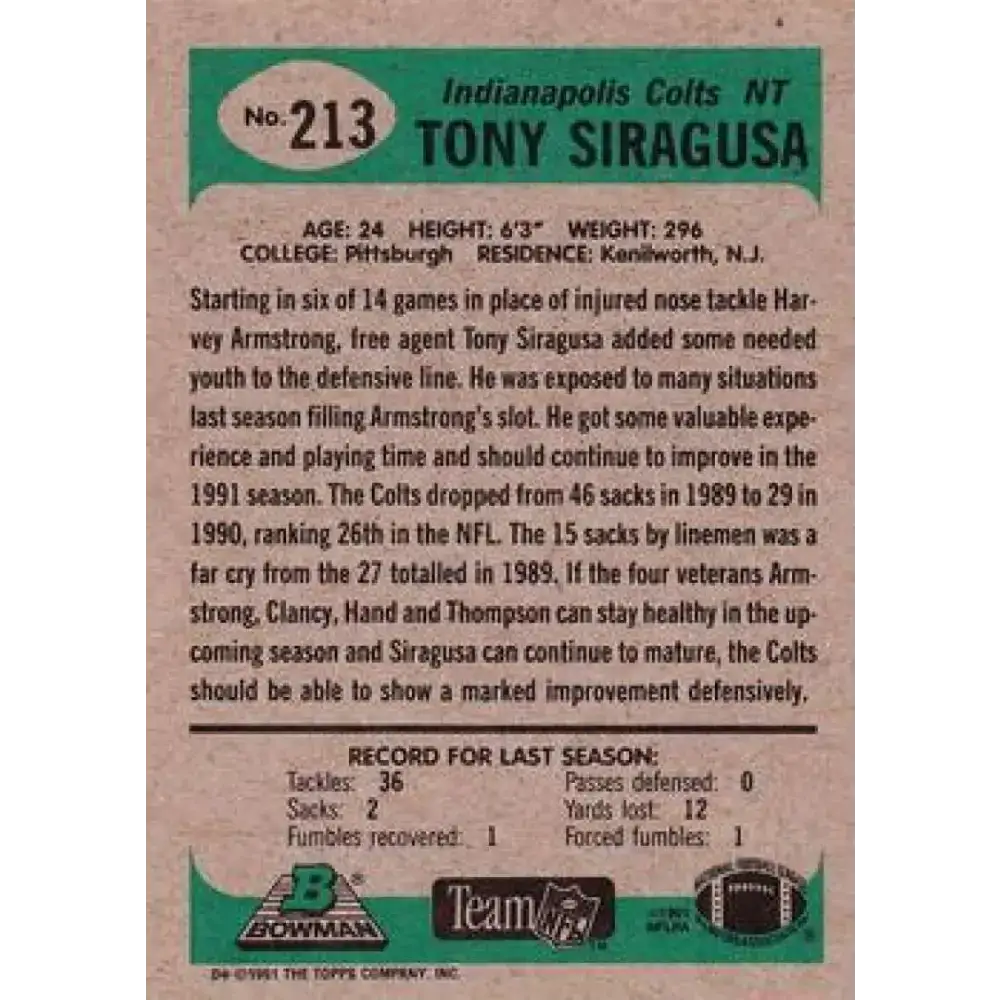 1991 Bowman #213 Tony Siragusa NM-MT RC Rookie Indianapolis Colts Football Card - Football Card Single