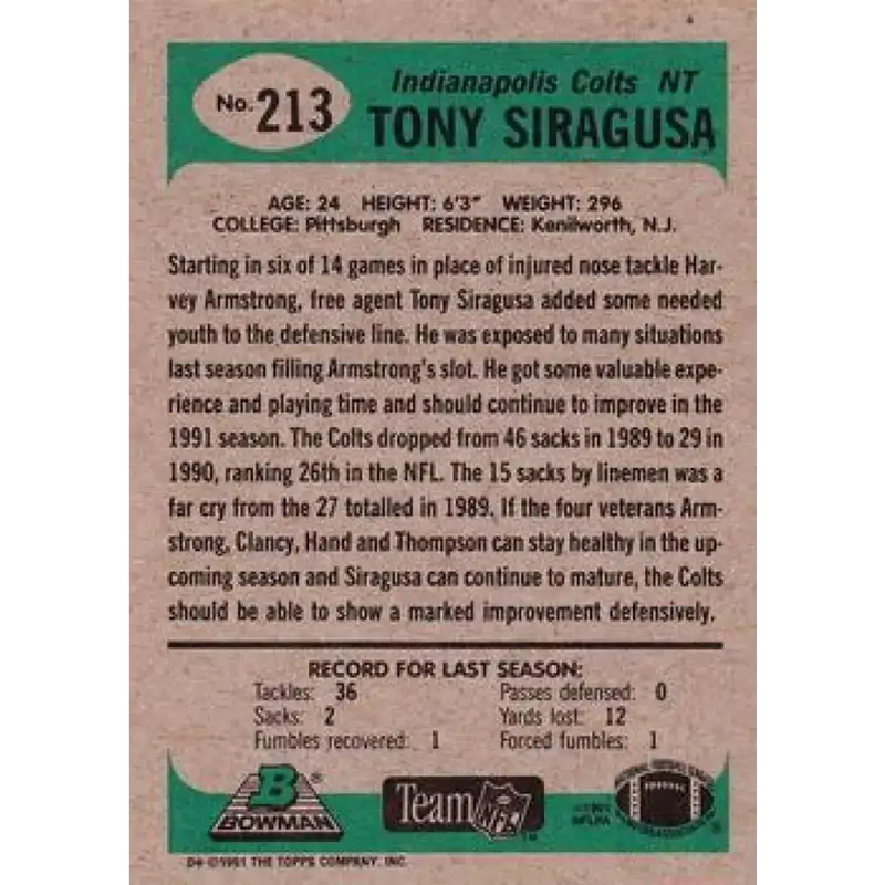 1991 Bowman #213 Tony Siragusa NM-MT RC Rookie Indianapolis Colts Football Card - Football Card Single