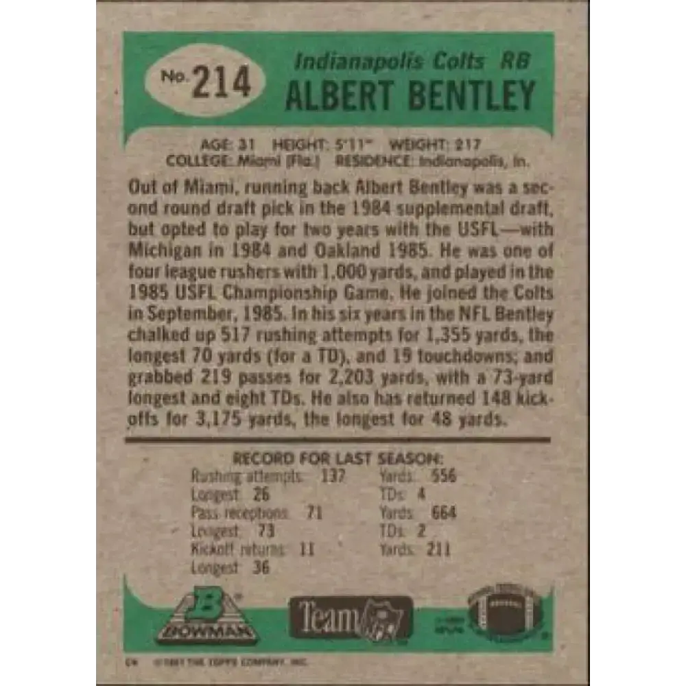 1991 Bowman #214 Albert Bentley NM-MT Indianapolis Colts Football Card - Football Card Single