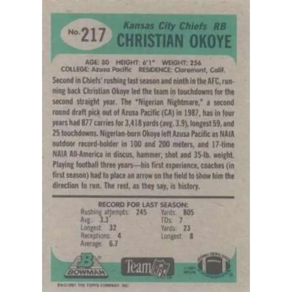 1991 Bowman #217 Christian Okoye NM-MT Kansas City Chiefs Football Card - Football Card Single