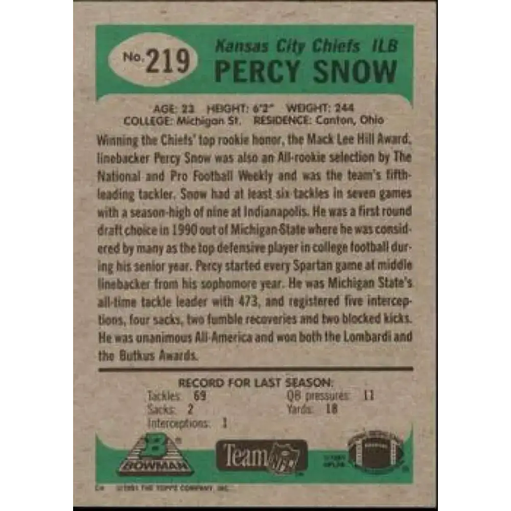 1991 Bowman #219 Percy Snow NM-MT Kansas City Chiefs Football Card - Football Card Single
