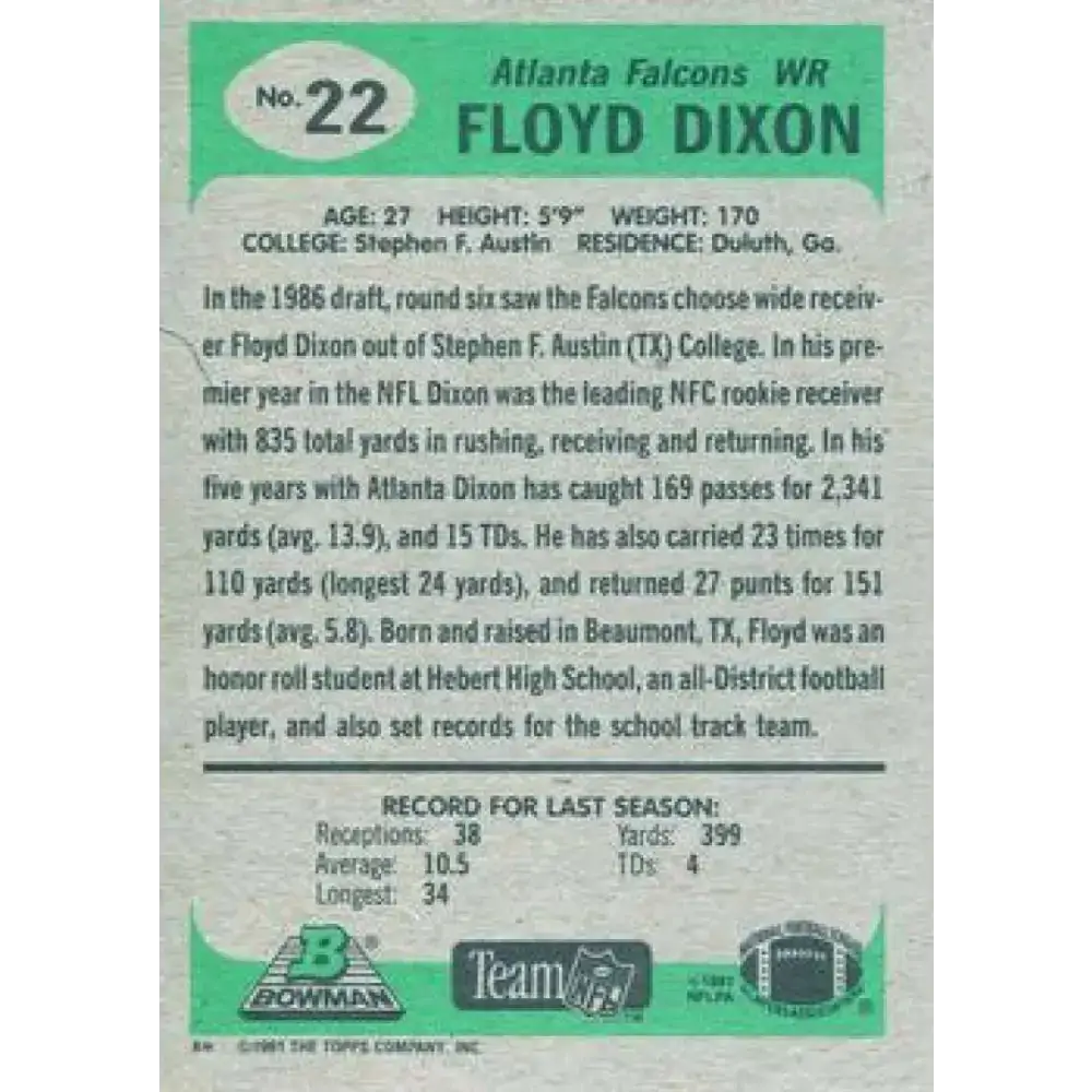 1991 Bowman #22 Floyd Dixon NM-MT Atlanta Falcons Football Card - Football Card Single