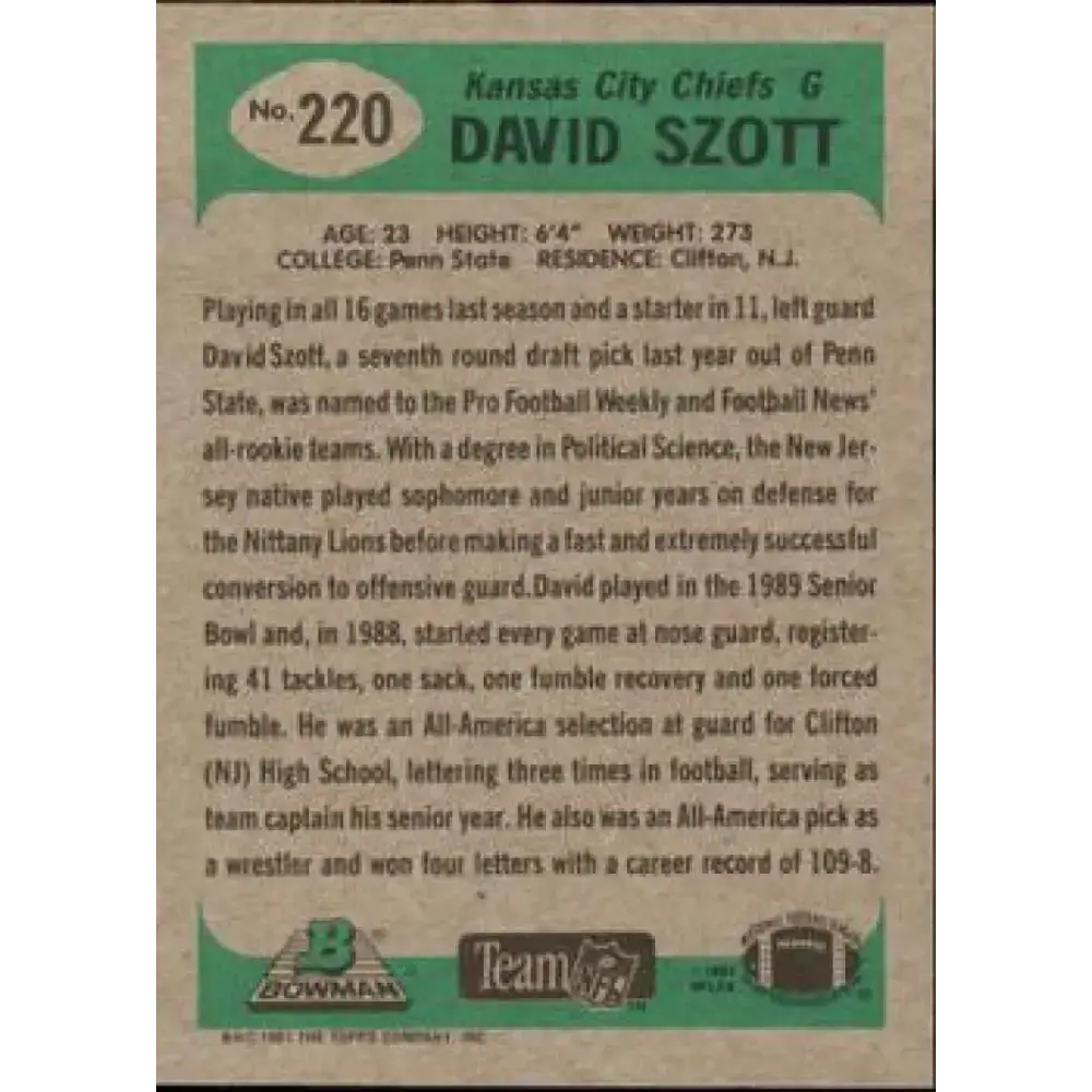 1991 Bowman #220 David Szott NM-MT Kansas City Chiefs Football Card