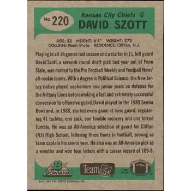 1991 Bowman #220 David Szott NM-MT Kansas City Chiefs Football Card