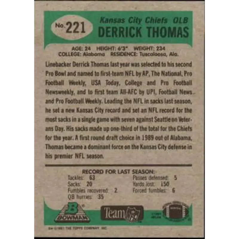 1991 Bowman #221 Derrick Thomas NM-MT Kansas City Chiefs Football Card - Football Card Single