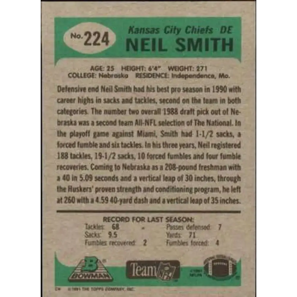 1991 Bowman #224 Neil Smith NM-MT Kansas City Chiefs Football Card - Football Card Single