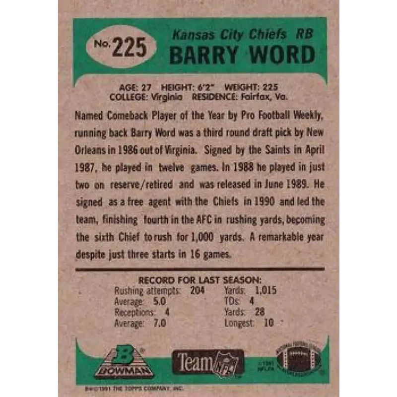 1991 Bowman #225 Barry Word NM-MT Kansas City Chiefs Football Card - Football Card Single