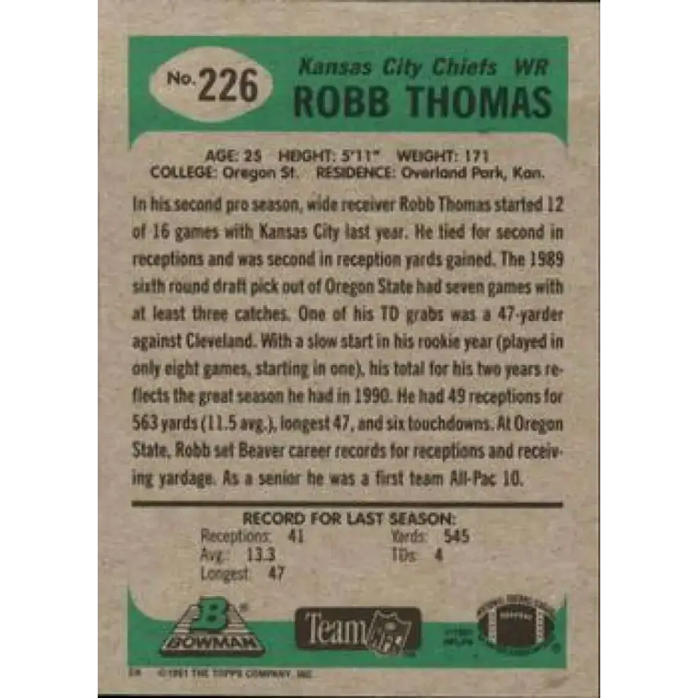 1991 Bowman #226 Robb Thomas NM-MT Kansas City Chiefs Football Card - Football Card Single