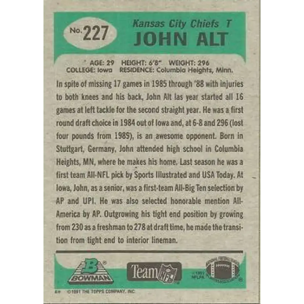 1991 Bowman #227 John Alt NM-MT Kansas City Chiefs Football Card - Football Card Single