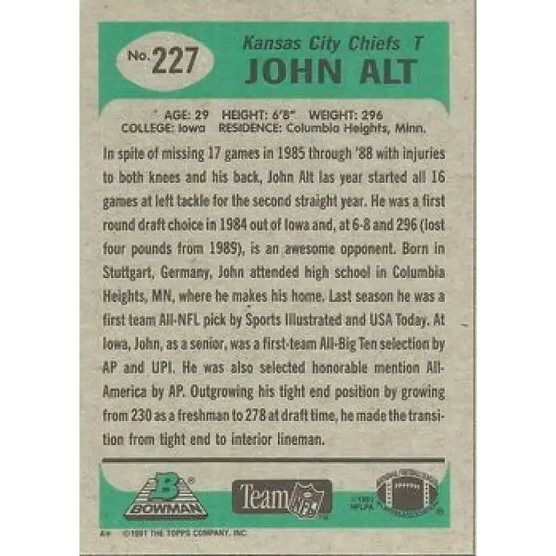 1991 Bowman #227 John Alt NM-MT Kansas City Chiefs Football Card - Football Card Single