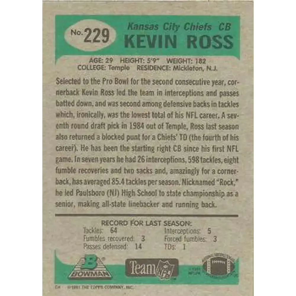 1991 Bowman #229 Kevin Ross NM-MT Kansas City Chiefs Football Card - Football Card Single