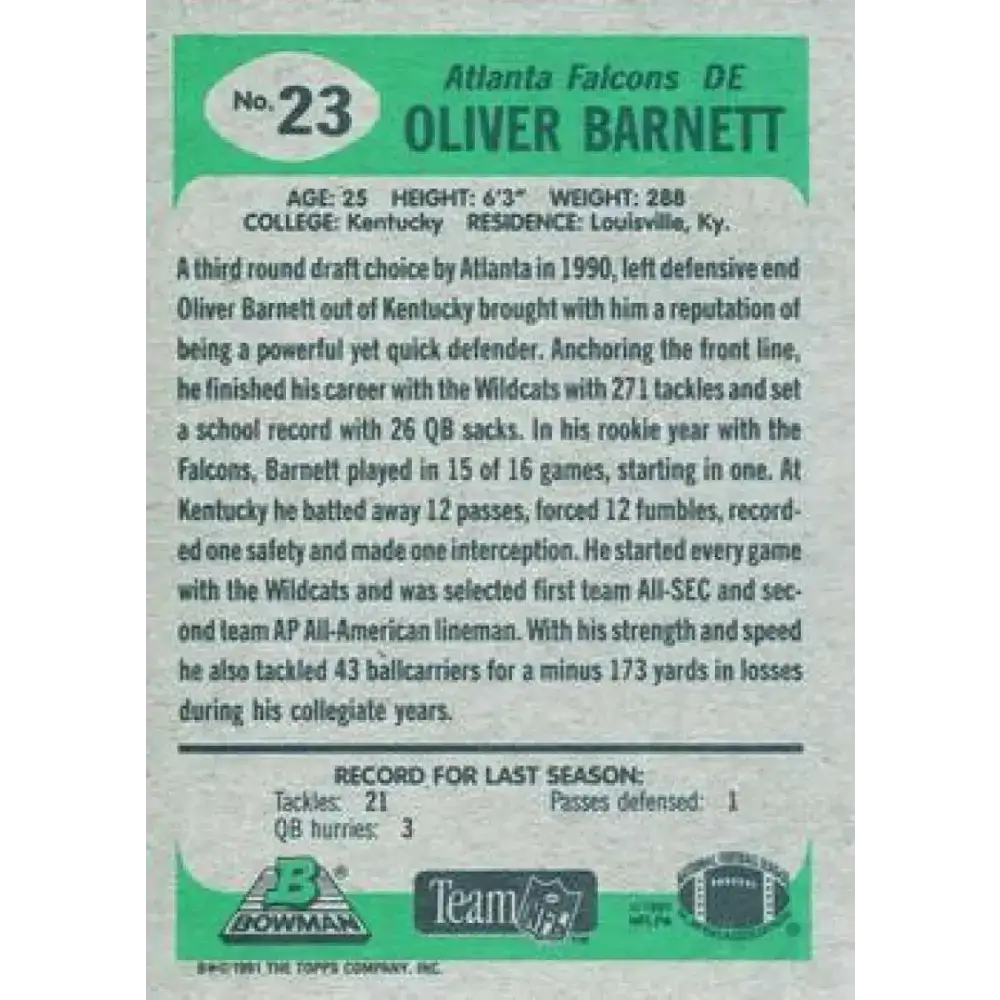1991 Bowman #23 Oliver Barnett NM-MT Atlanta Falcons Football Card - Football Card Single