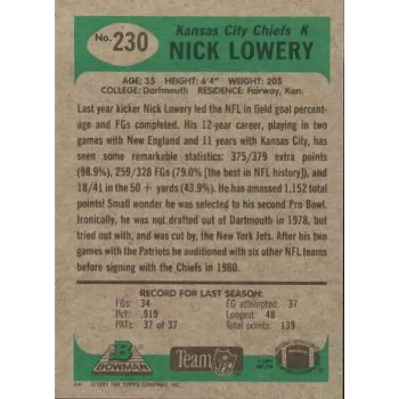 1991 Bowman #230 Nick Lowery NM-MT Kansas City Chiefs Football Card - Football Card Single