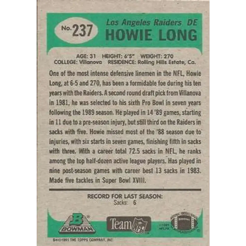 1991 Bowman #237 Howie Long NM-MT Los Angeles Raiders Football Card - Football Card Single