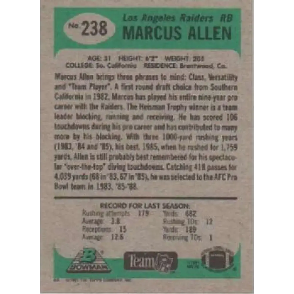 1991 Bowman #238 Marcus Allen NM-MT Los Angeles Raiders Football Card - Football Card Single