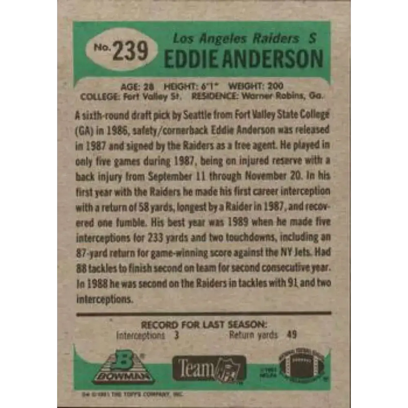 1991 Bowman #239 Eddie Anderson NM-MT Los Angeles Raiders Football Card - Football Card Single