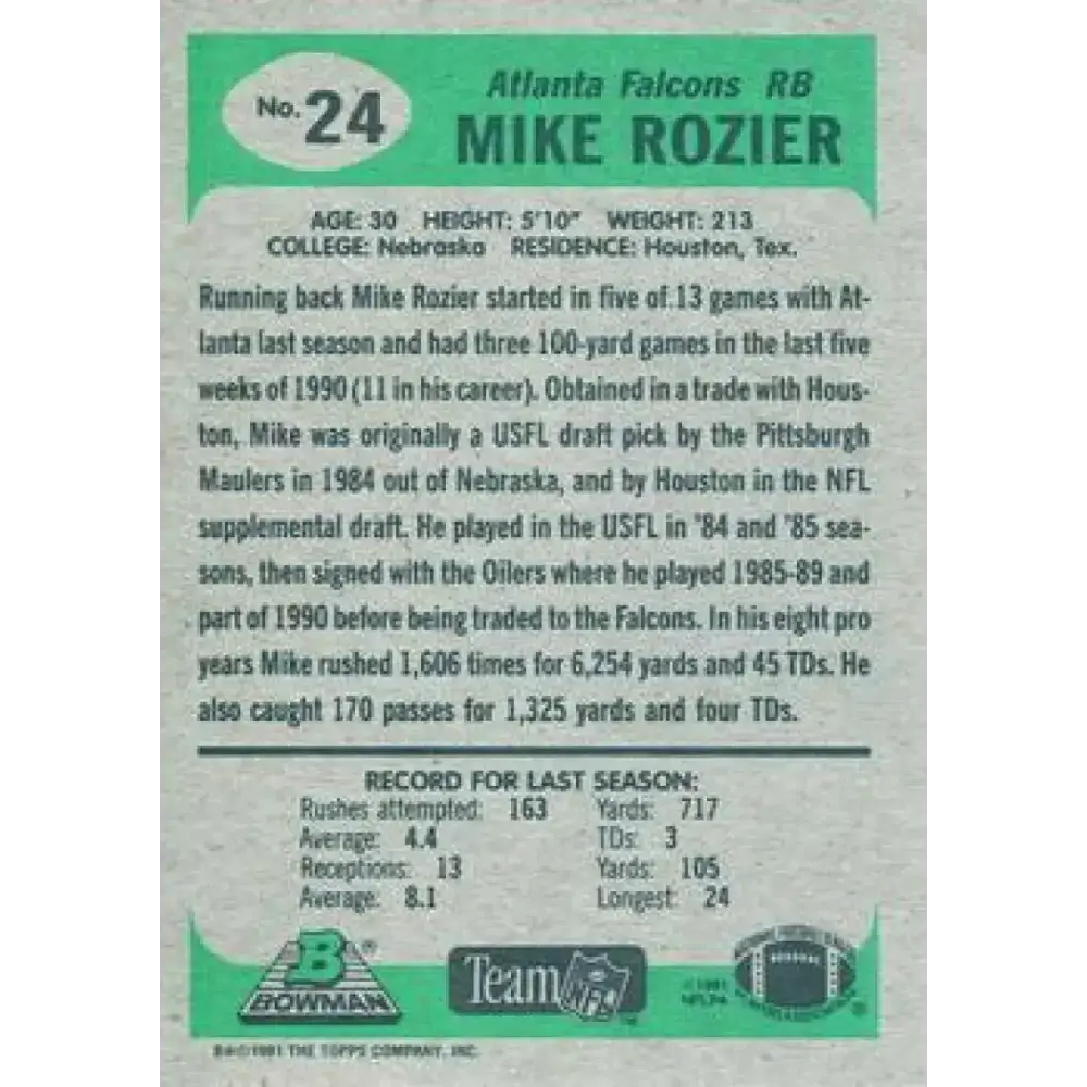 1991 Bowman #24 Mike Rozier NM-MT Atlanta Falcons Football Card - Football Card Single