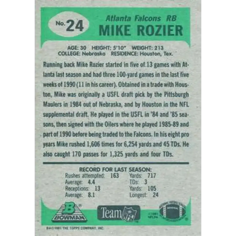 1991 Bowman #24 Mike Rozier NM-MT Atlanta Falcons Football Card - Football Card Single