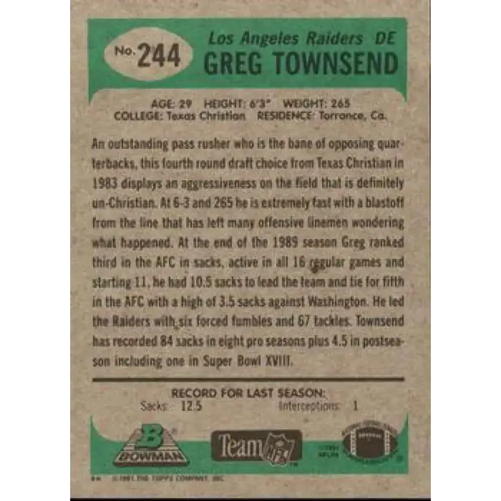 1991 Bowman #244 Greg Townsend NM-MT Los Angeles Raiders Football Card - Football Card Single