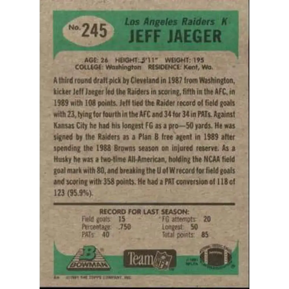 1991 Bowman #245 Jeff Jaeger NM-MT Los Angeles Raiders Football Card - Football Card Single