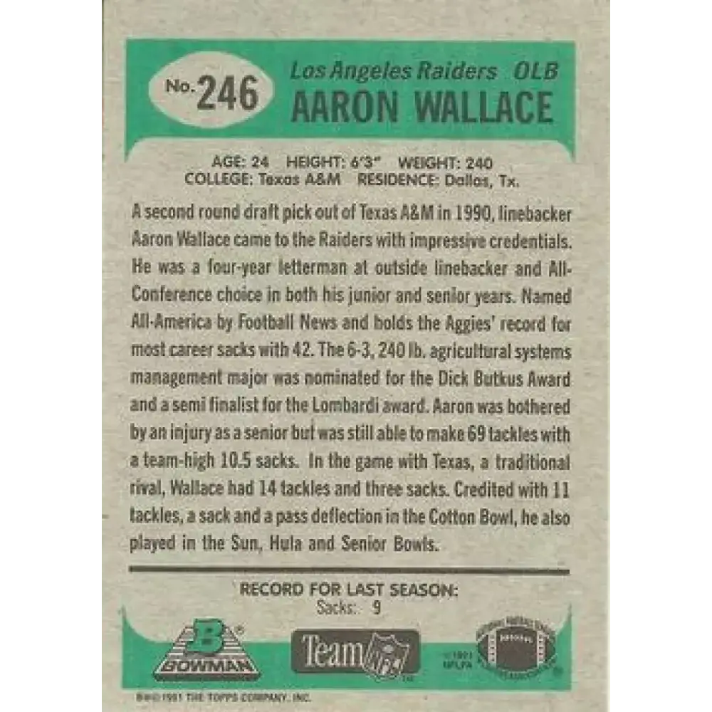 1991 Bowman #246 Aaron Wallace NM-MT Los Angeles Raiders Football Card - Football Card Single