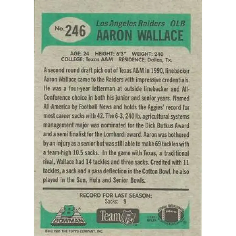 1991 Bowman #246 Aaron Wallace NM-MT Los Angeles Raiders Football Card - Football Card Single