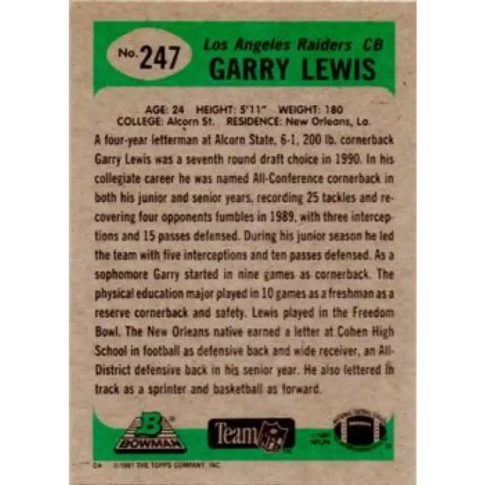 1991 Bowman #247 Garry Lewis NM-MT Los Angeles Raiders Football Card - Football Card Single