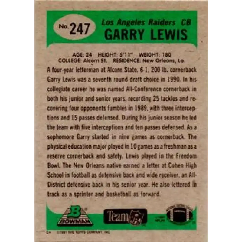1991 Bowman #247 Garry Lewis NM-MT Los Angeles Raiders Football Card - Football Card Single
