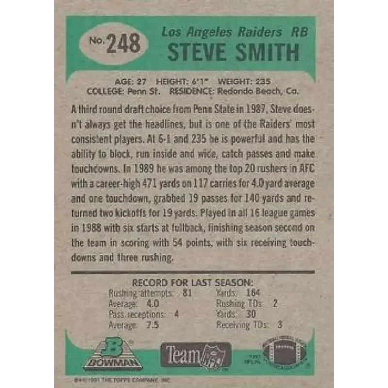 1991 Bowman #248 Steve Smith NM-MT Los Angeles Raiders Football Card - Football Card Single