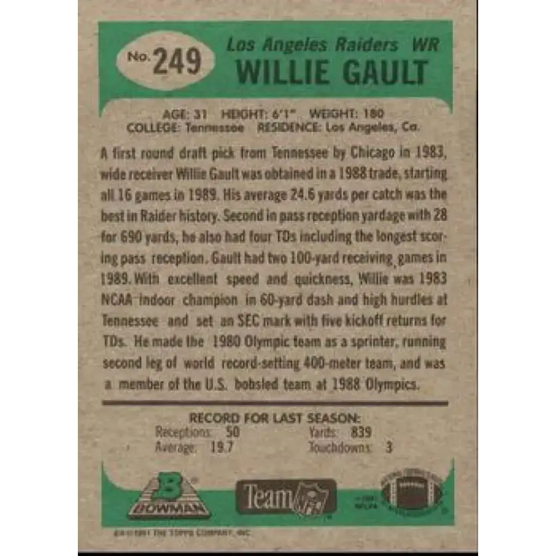1991 Bowman #249 Willie Gault NM-MT Los Angeles Raiders Football Card - Football Card Single