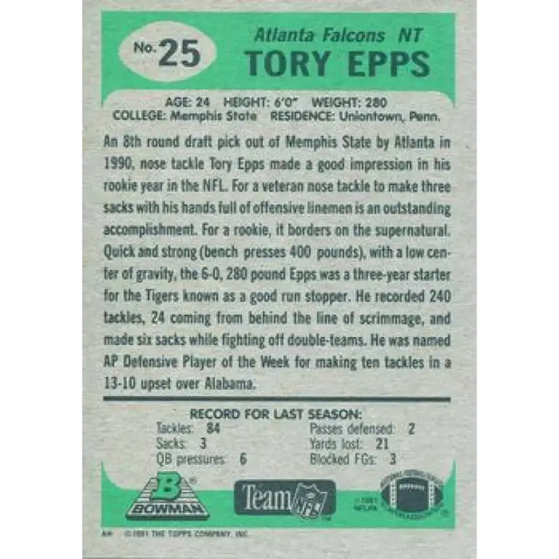 1991 Bowman #25 Tory Epps NM-MT Atlanta Falcons Football Card - Football Card Single