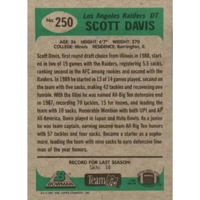 1991 Bowman #250 Scott Davis NM-MT Los Angeles Raiders Football Card - Football Card Single