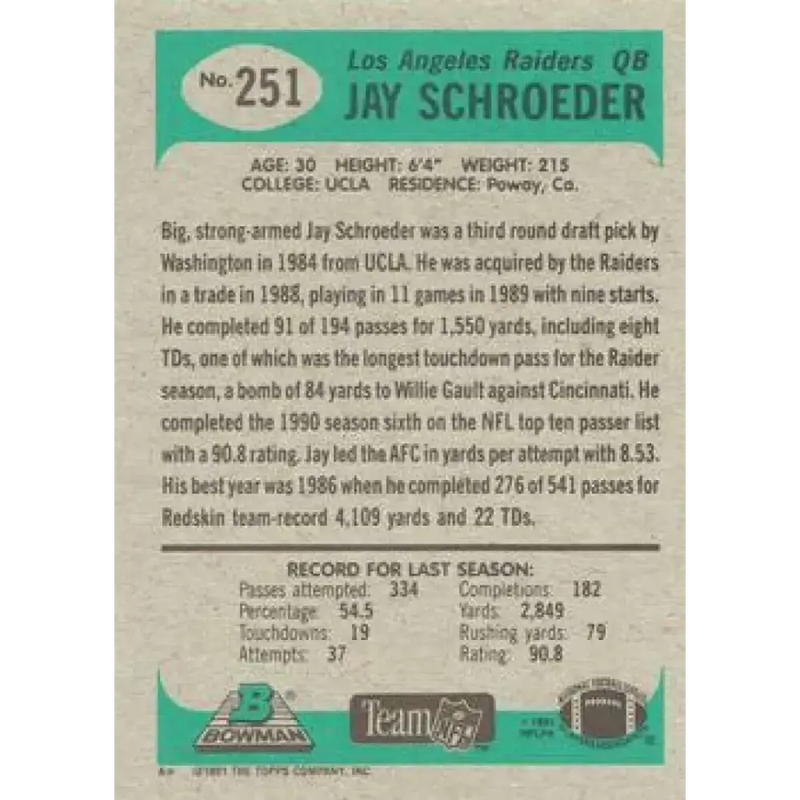 1991 Bowman #251 Jay Schroeder NM-MT Los Angeles Raiders Football Card - Football Card Single