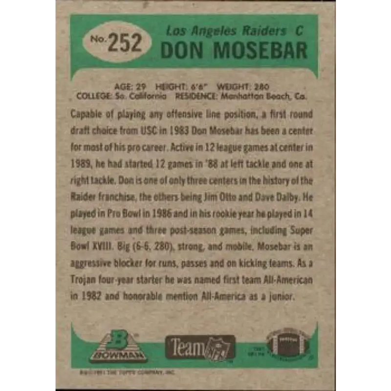 1991 Bowman #252 Don Mosebar NM-MT Los Angeles Raiders Football Card - Football Card Single