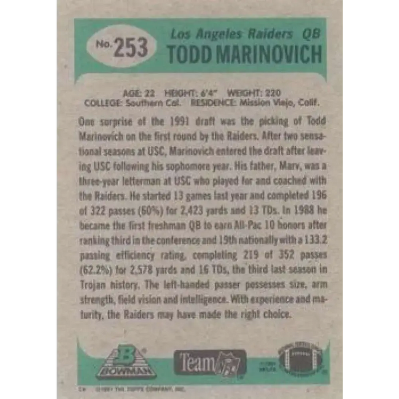 1991 Bowman #253 Todd Marinovich NM-MT RC Rookie Los Angeles Raiders Football Card - Football Card Single
