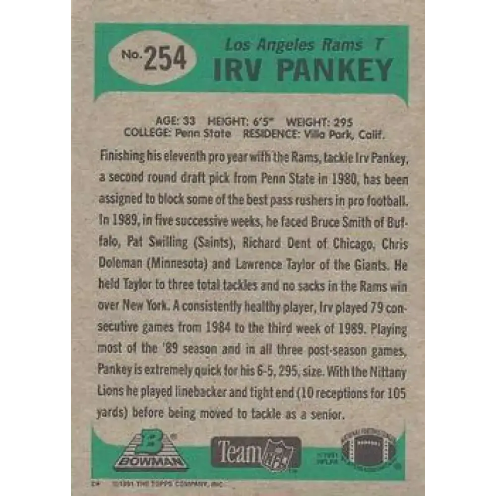 1991 Bowman #254 Irv Pankey NM-MT Los Angeles Rams Football Card - Football Card Single