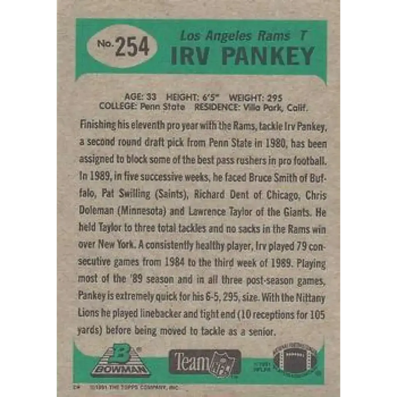 1991 Bowman #254 Irv Pankey NM-MT Los Angeles Rams Football Card - Football Card Single