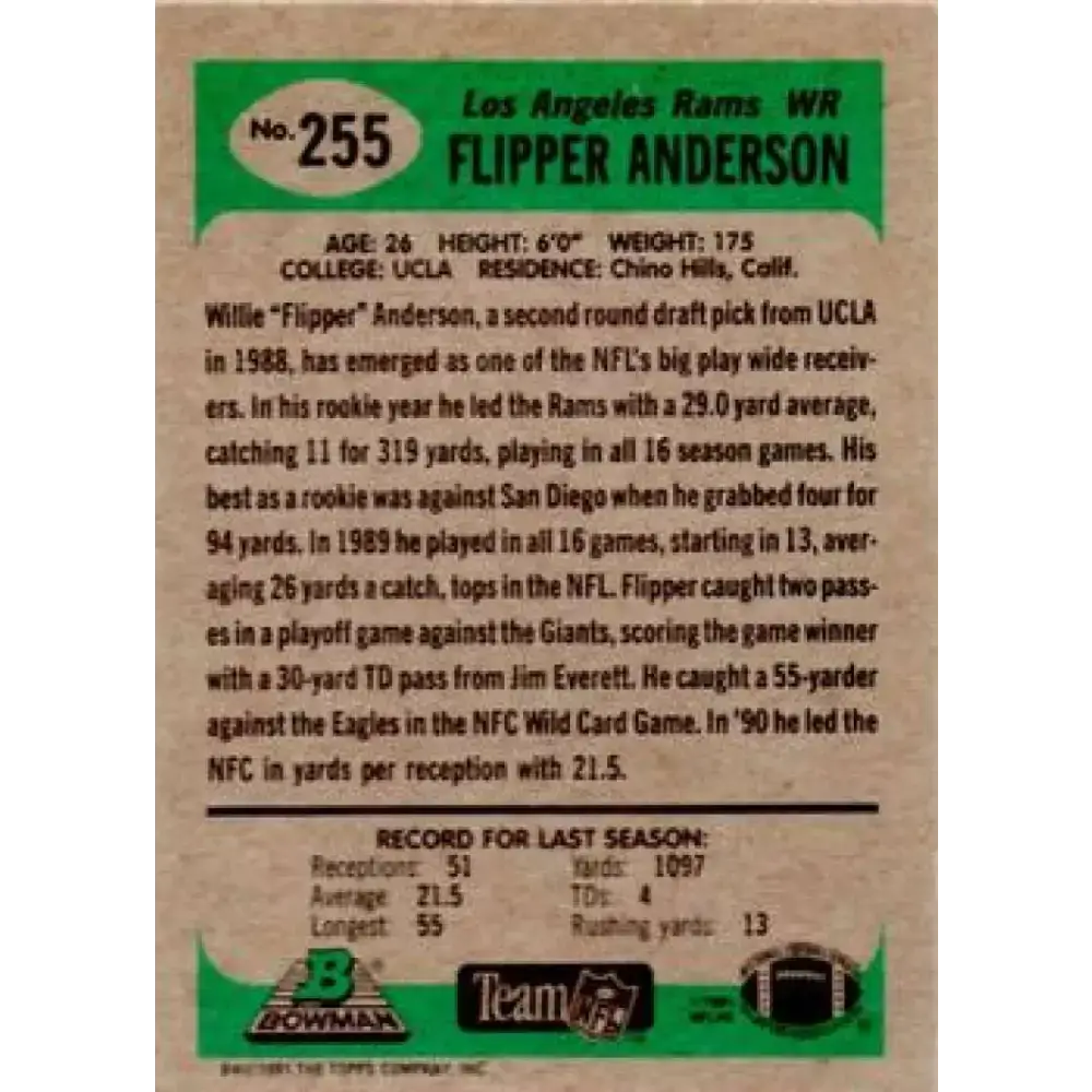 1991 Bowman #255 Flipper Anderson NM-MT Los Angeles Rams Football Card - Football Card Single