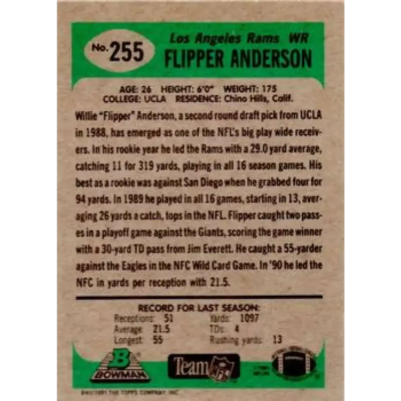 1991 Bowman #255 Flipper Anderson NM-MT Los Angeles Rams Football Card - Football Card Single
