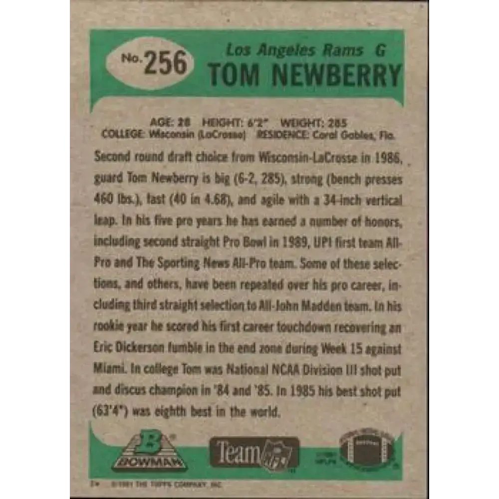 1991 Bowman #256 Tom Newberry NM-MT Los Angeles Rams Football Card - Football Card Single