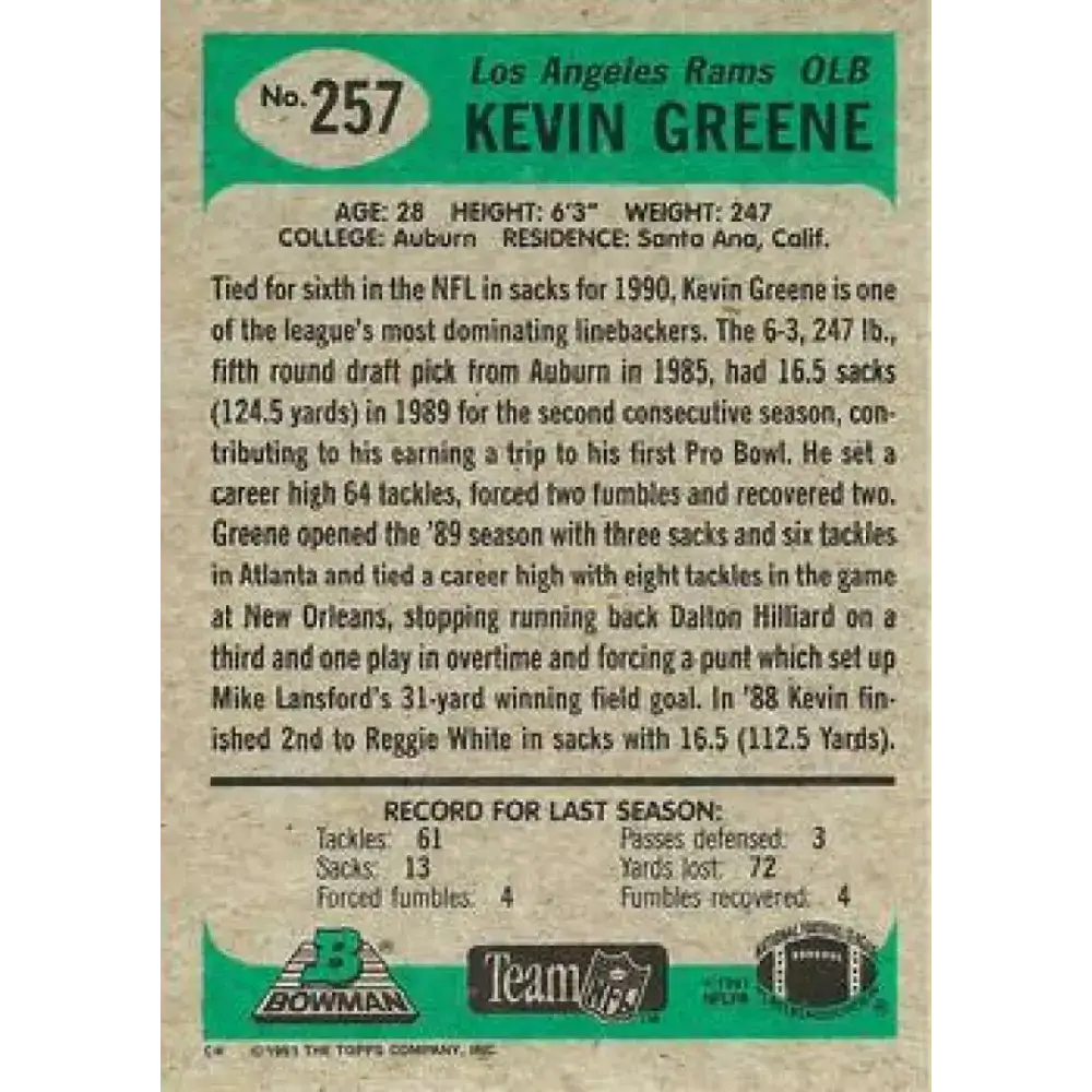1991 Bowman #257 Kevin Greene NM-MT Los Angeles Rams Football Card - Football Card Single
