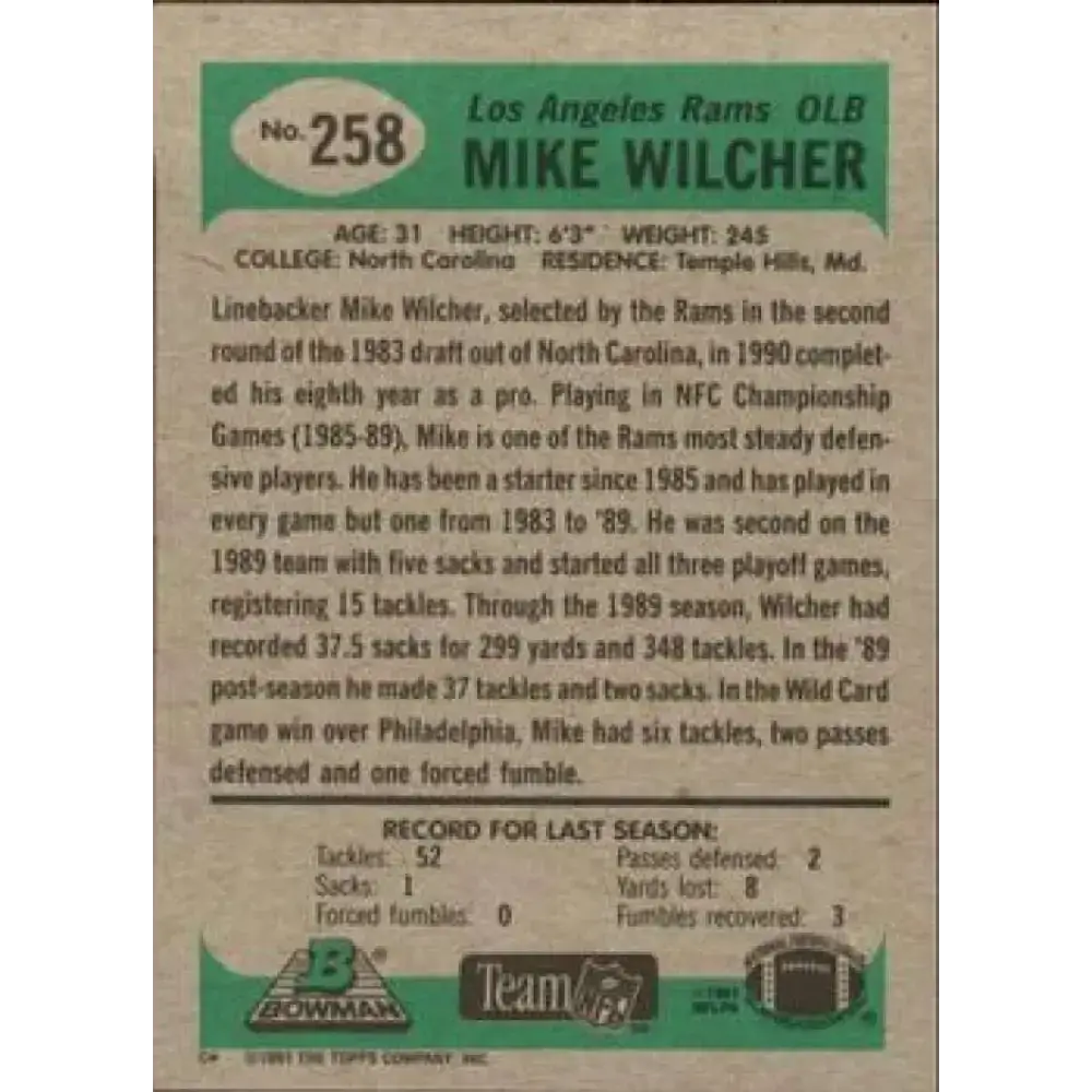 1991 Bowman #258 Mike Wilcher NM-MT Los Angeles Rams Football Card - Football Card Single