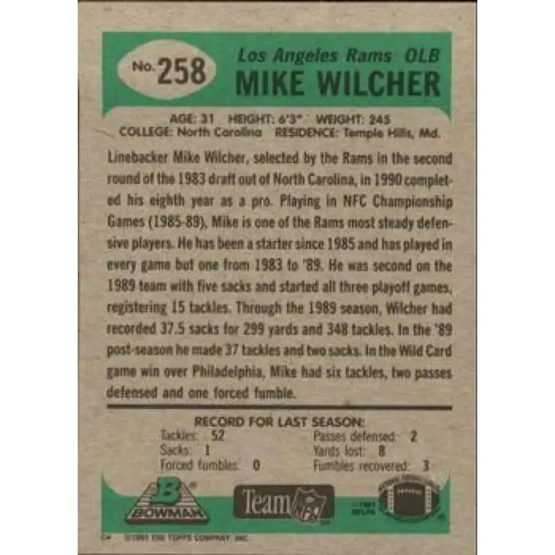 1991 Bowman #258 Mike Wilcher NM-MT Los Angeles Rams Football Card - Football Card Single