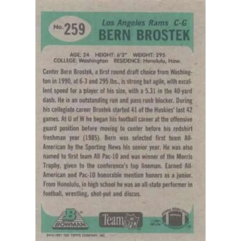 1991 Bowman #259 Bern Brostek NM-MT Los Angeles Rams Football Card - Football Card Single