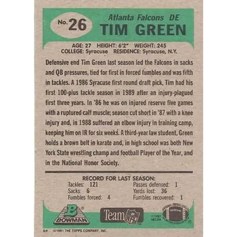1991 Bowman #26 Tim Green NM-MT Atlanta Falcons Football Card - Football Card Single