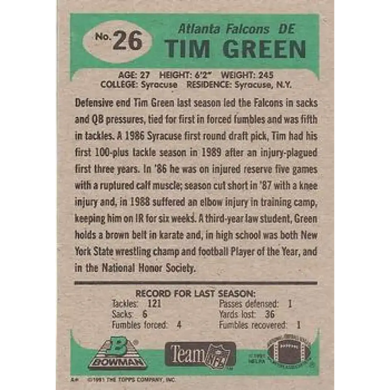 1991 Bowman #26 Tim Green NM-MT Atlanta Falcons Football Card - Football Card Single